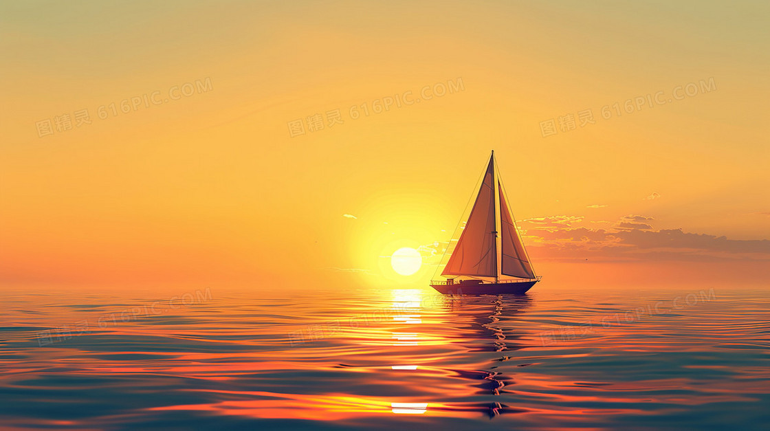 夕阳火烧云帆船唯美简约风景背景