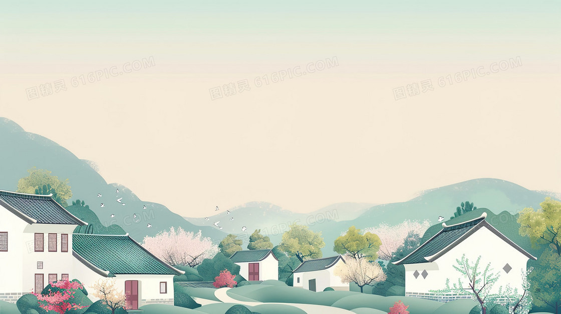 简约动画风格寂静的小村落