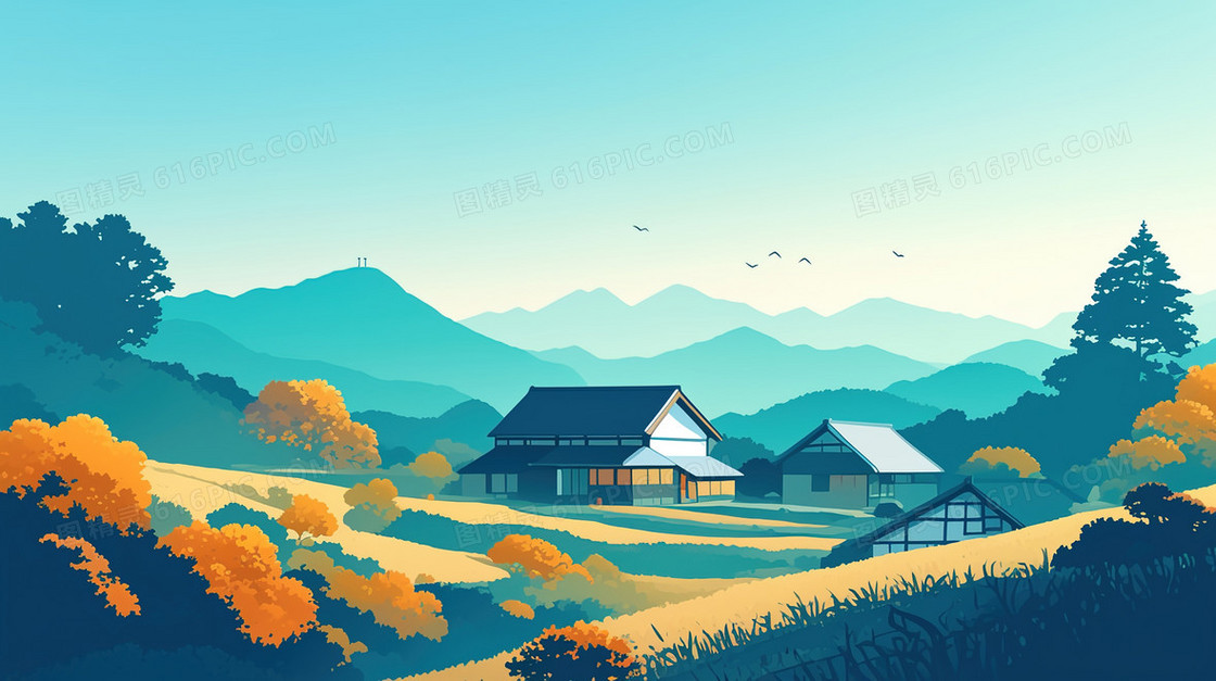 彩色乡村建筑房屋风景背景