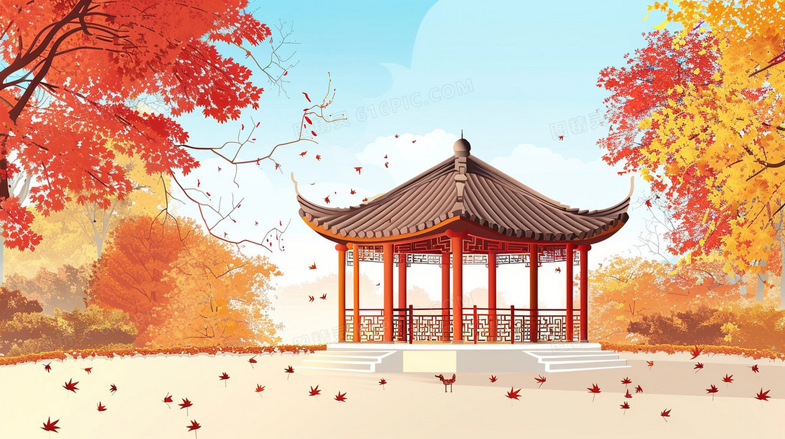 橙色秋季中国风亭子建筑风景背景
