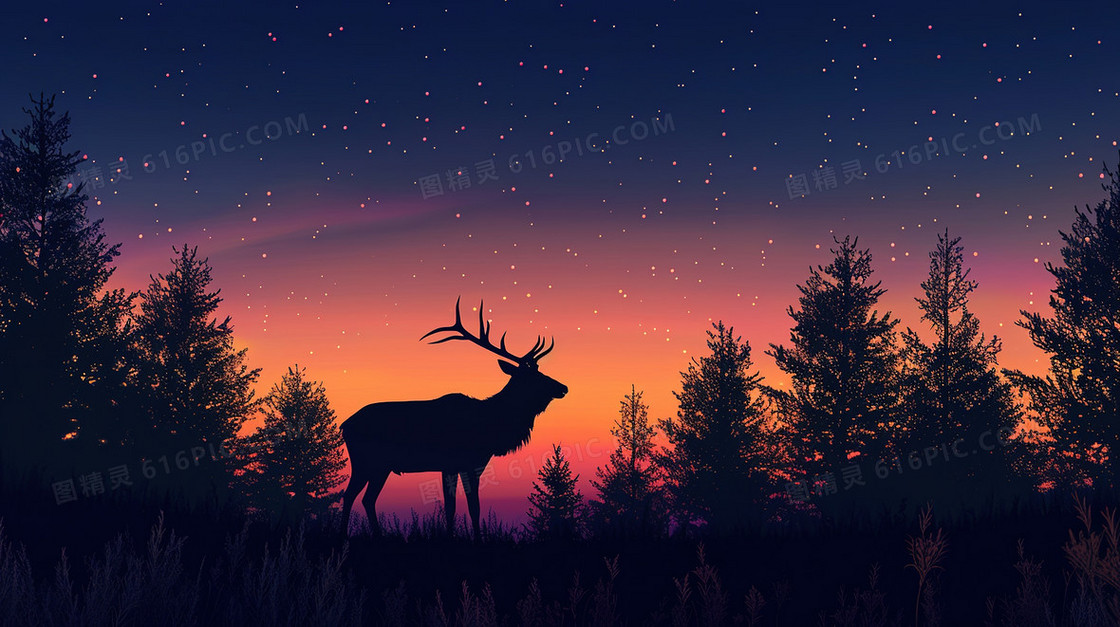 唯美星空下的麋鹿剪影背景