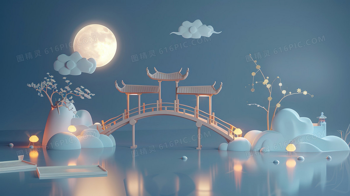 古风夜晚桥面背景