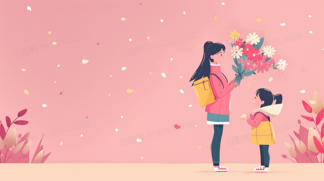 卡通教师节学生送老师花束背景
