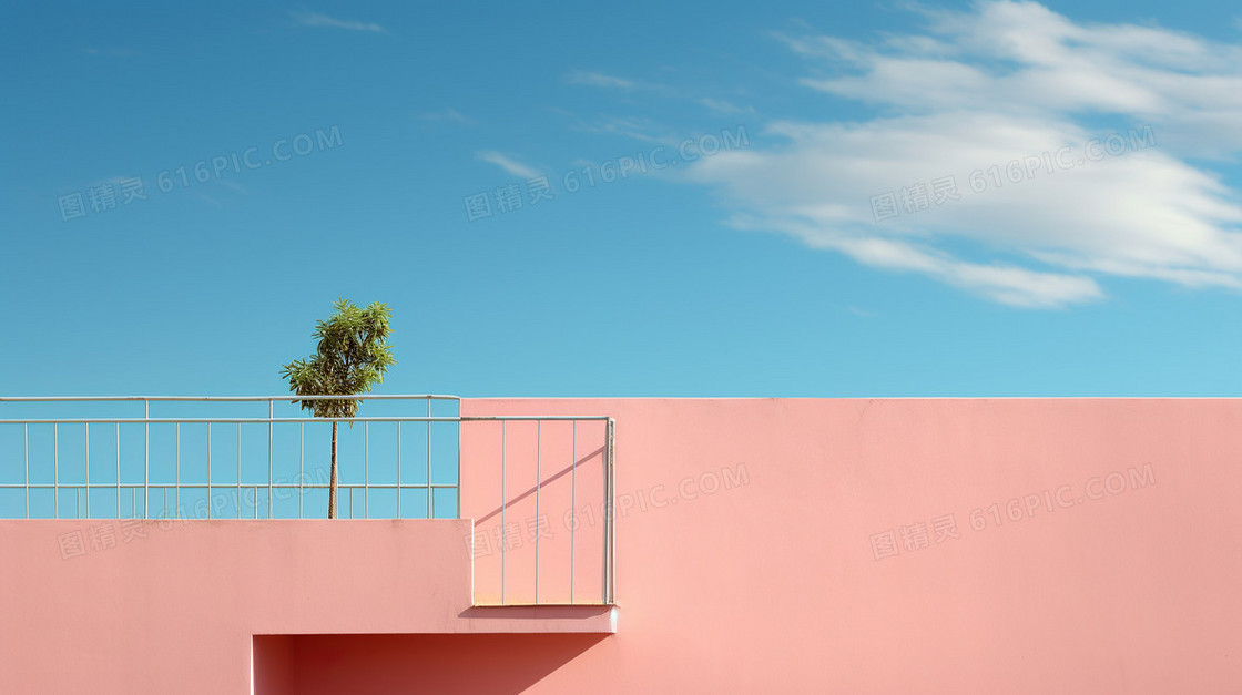 粉蓝撞色极简留白建筑背景