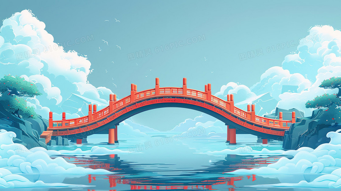 国潮中国风意境石拱桥风景背景