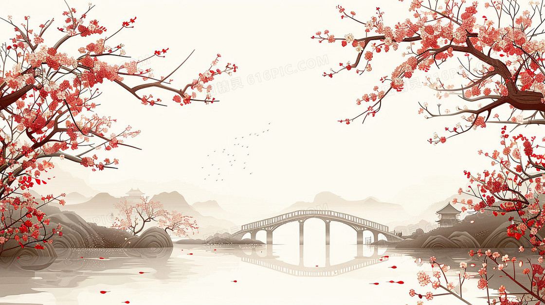 水墨中国风意境石拱桥风景背景