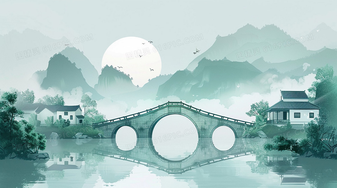 中国风水墨石拱桥背景