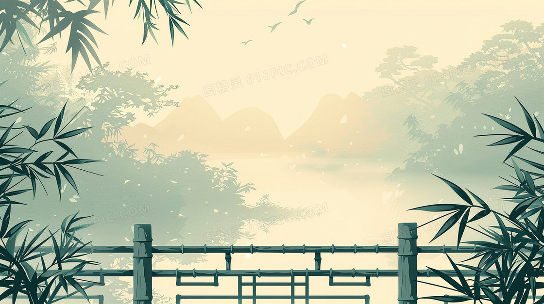 竹叶中国风水墨石拱桥背景