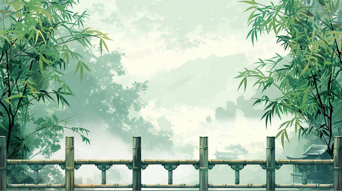 竹叶中国风水墨石拱桥背景