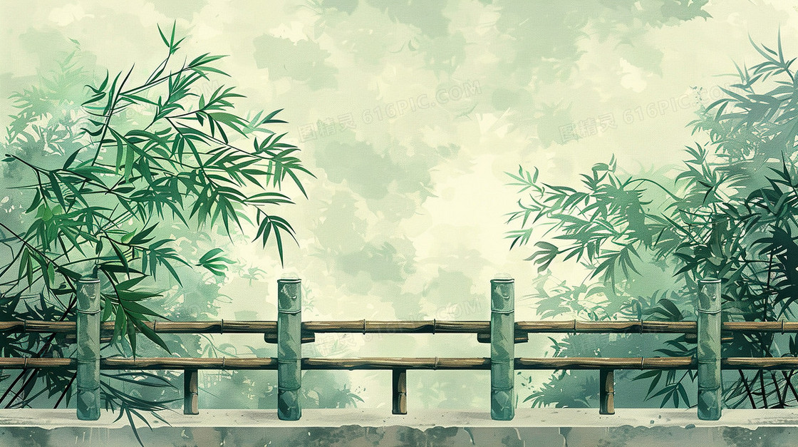 竹叶中国风水墨石拱桥背景