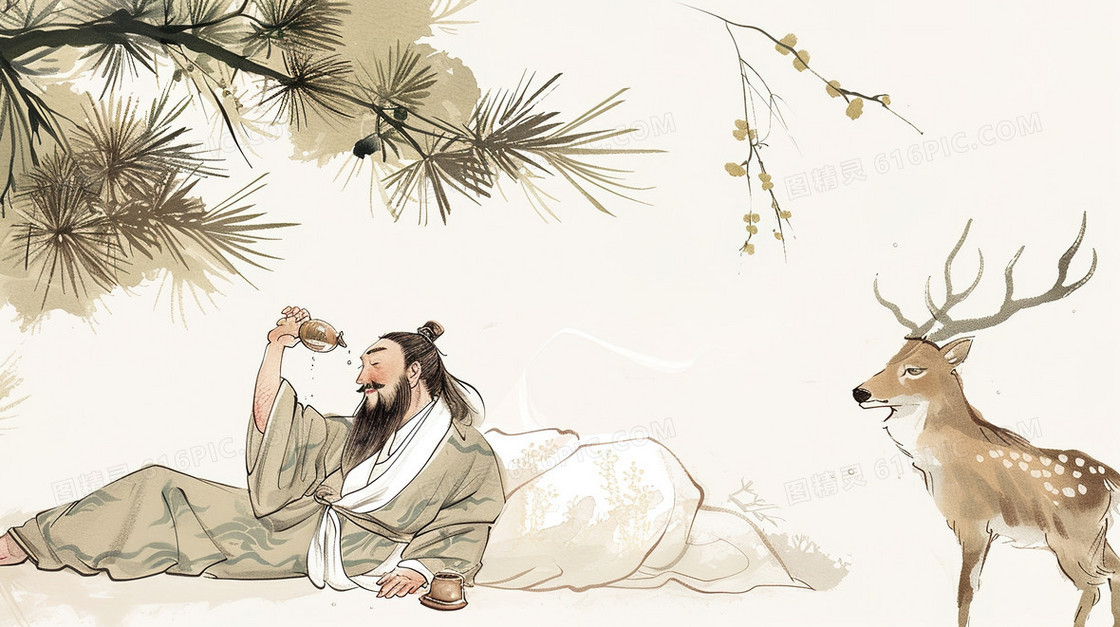 诗人在树下喝酒的插画背景