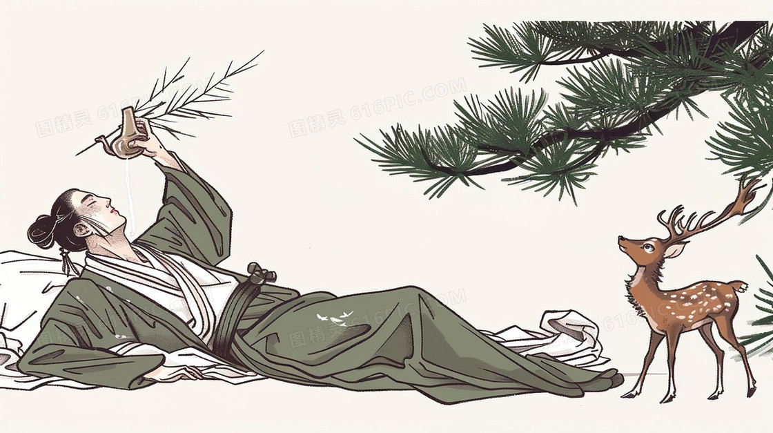 诗人在树下喝酒的插画背景
