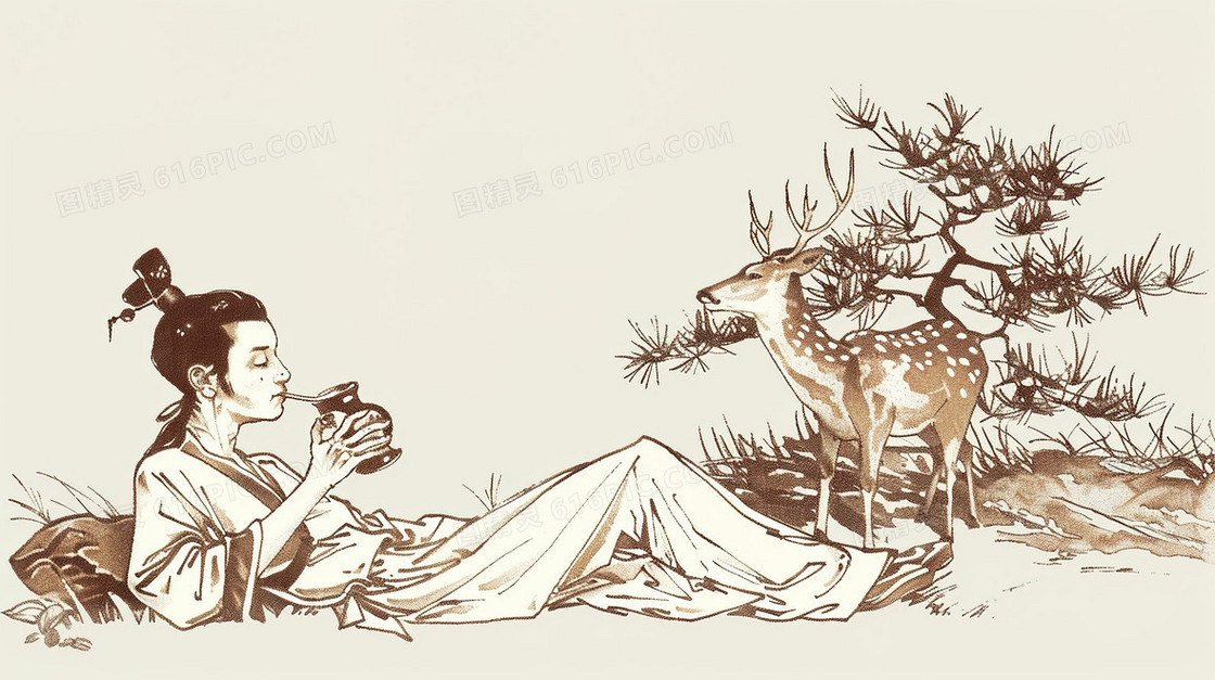 诗人在树下喝酒的插画背景