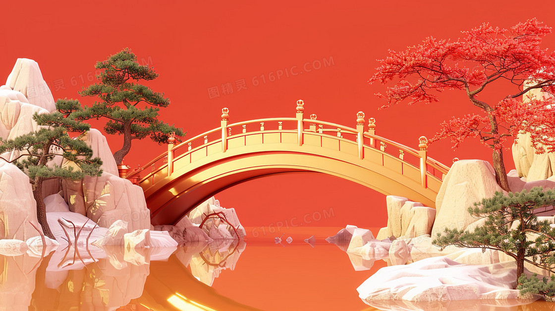 木桥映红霞国风背景