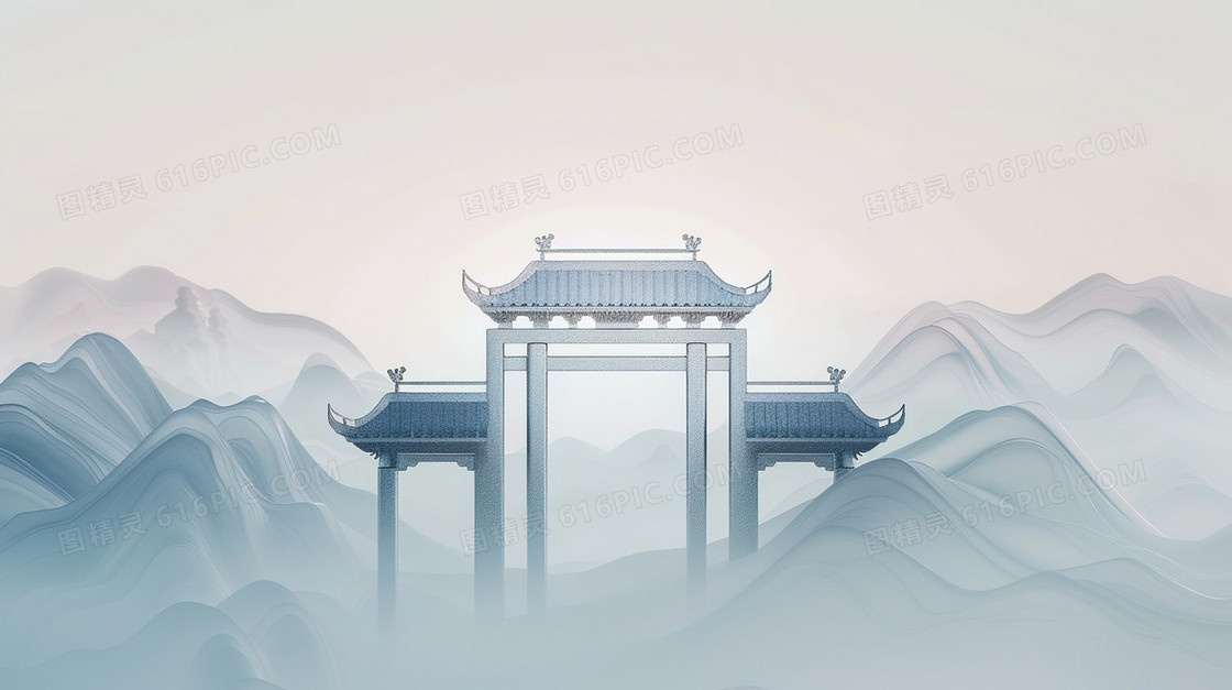 东方门廊与山峦意境背景