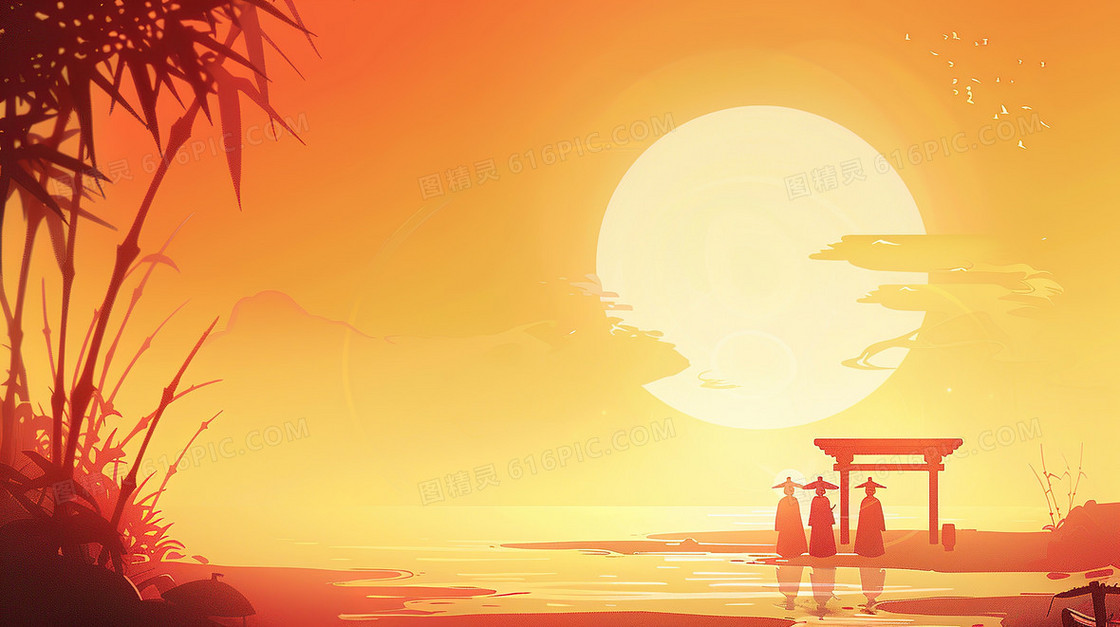 中国风夕阳建筑背景