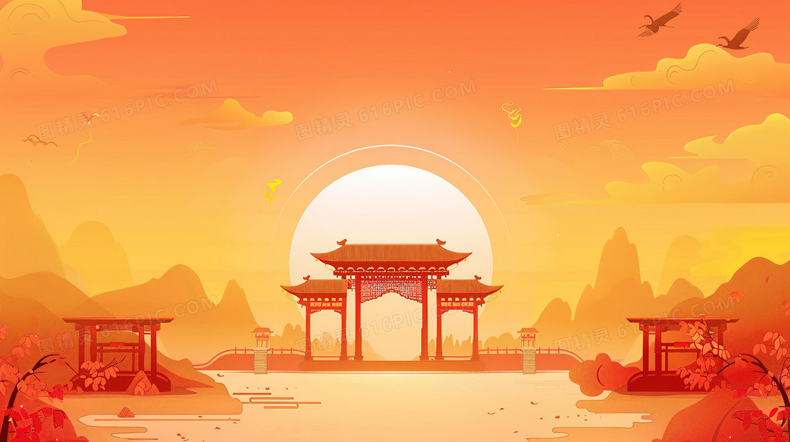 中国风夕阳建筑背景