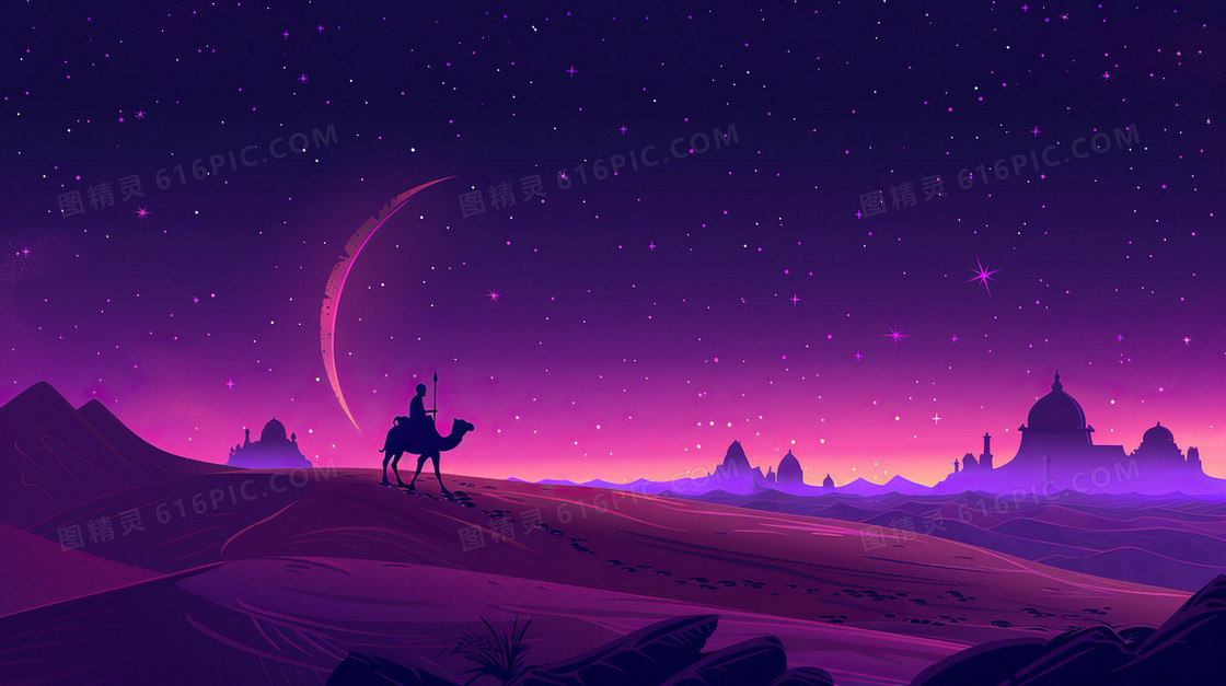 紫色沙漠梦幻星空夜晚背景