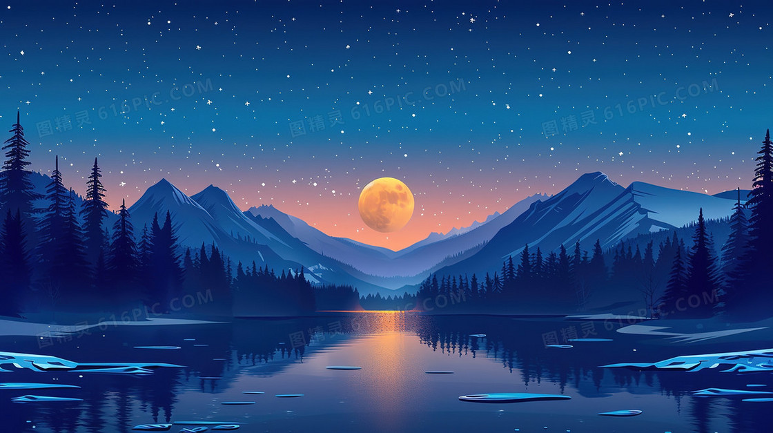 插画风格雪上夜景背景
