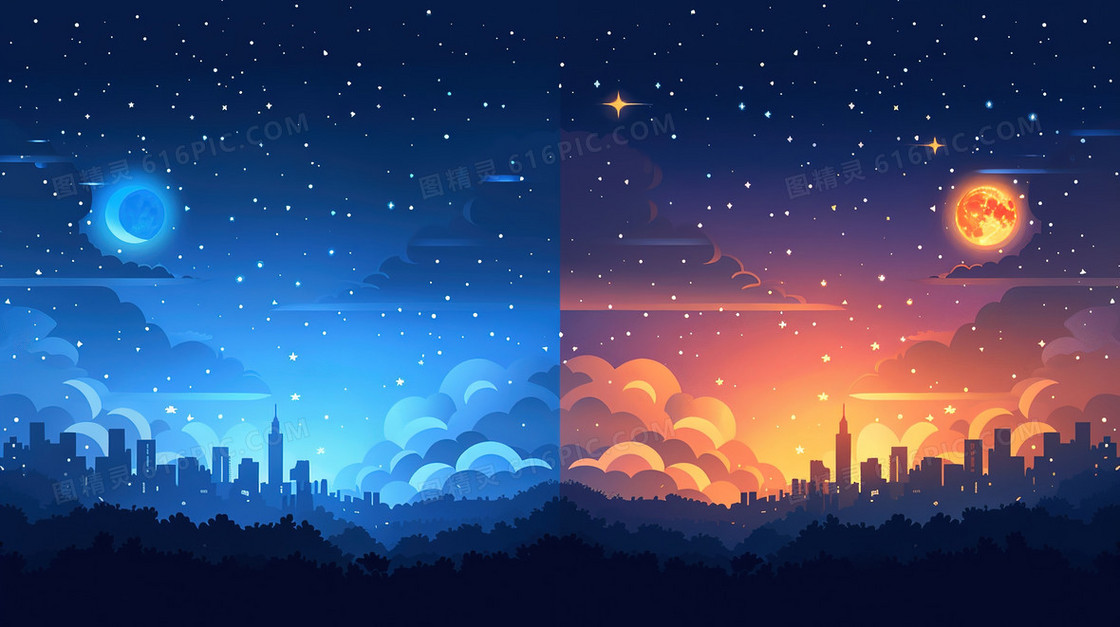 插画风格对比夜晚背景