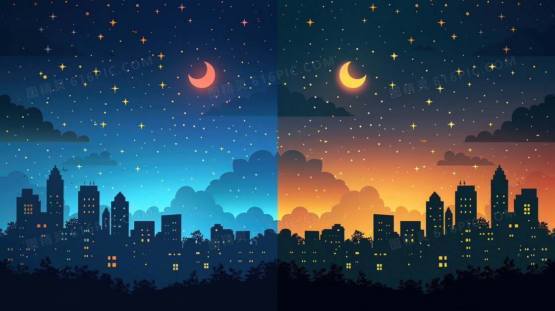 插画风格对比夜晚背景