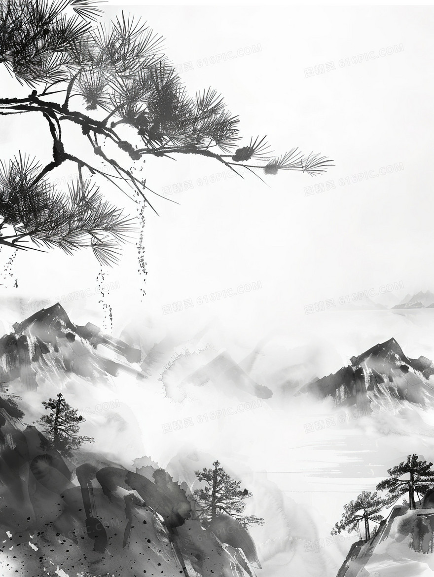 中国迎客松水墨背景