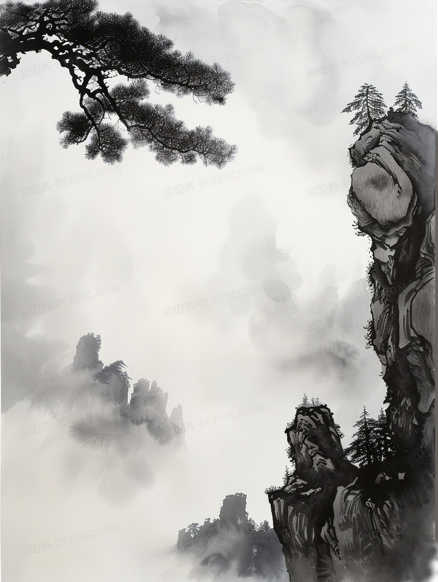中国迎客松水墨背景