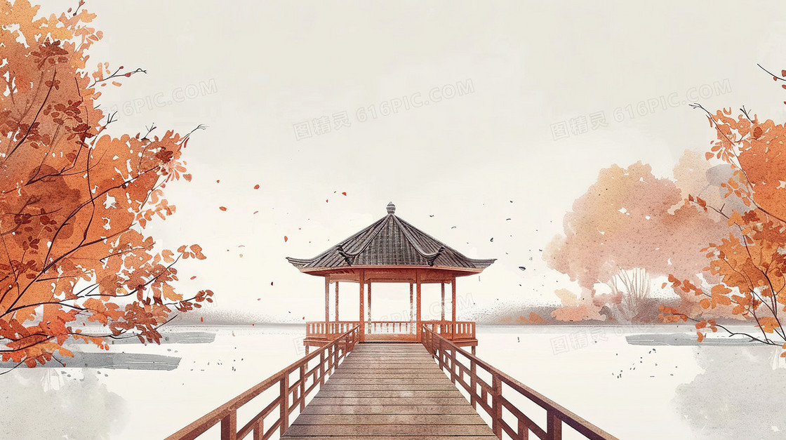 中国风湖边亭子枫树背景