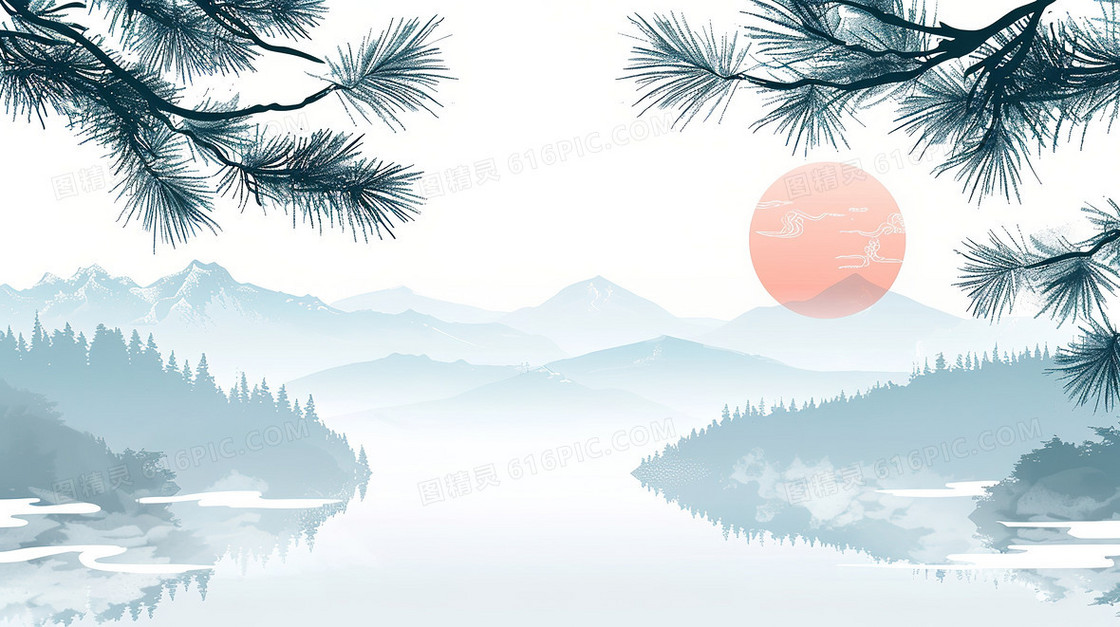 中国迎客松水墨背景