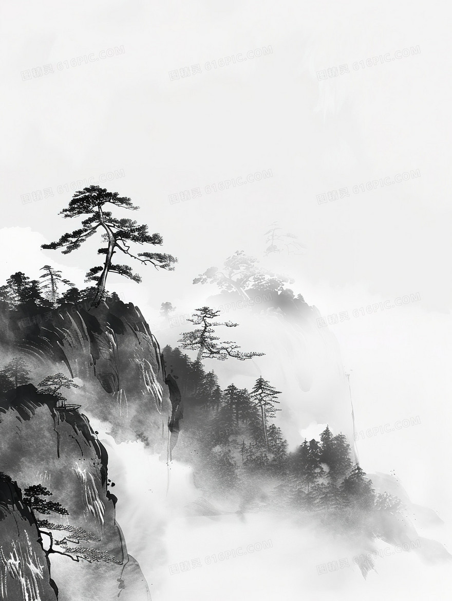 中国迎客松水墨背景