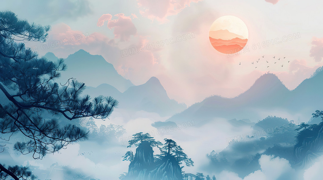 中国迎客松水墨背景