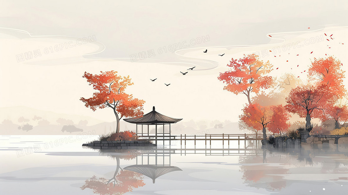 中国风湖边亭子枫树背景