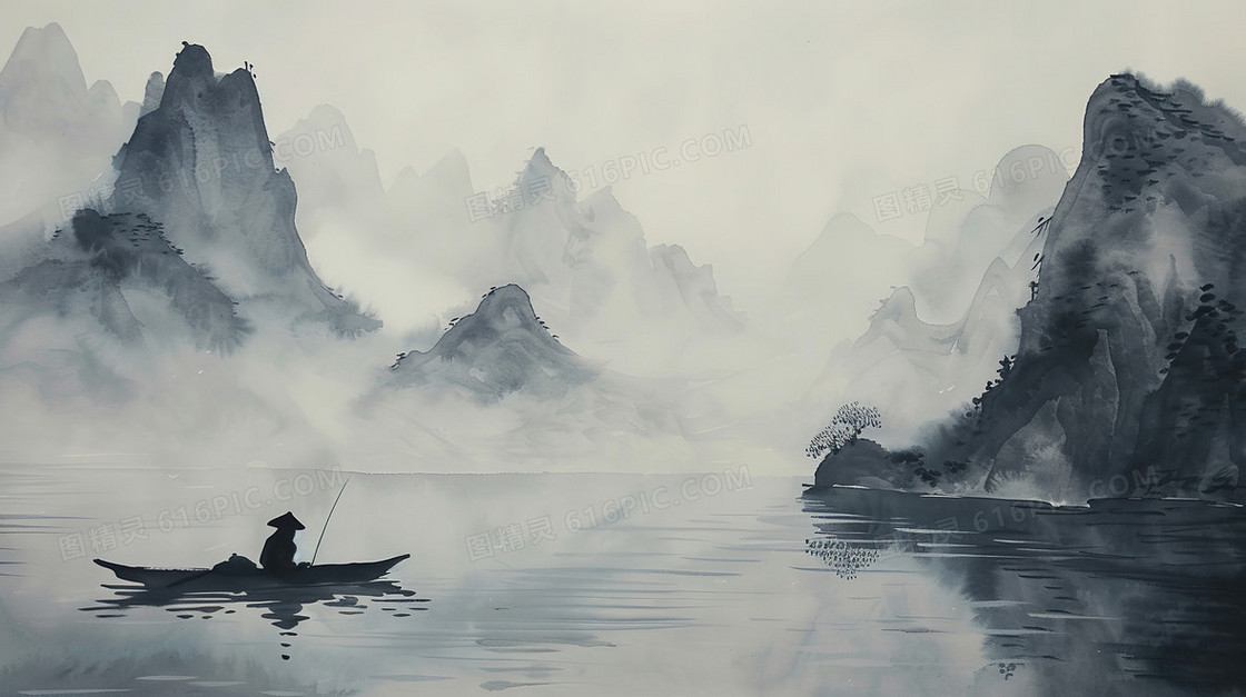 国风水墨钓鱼背景