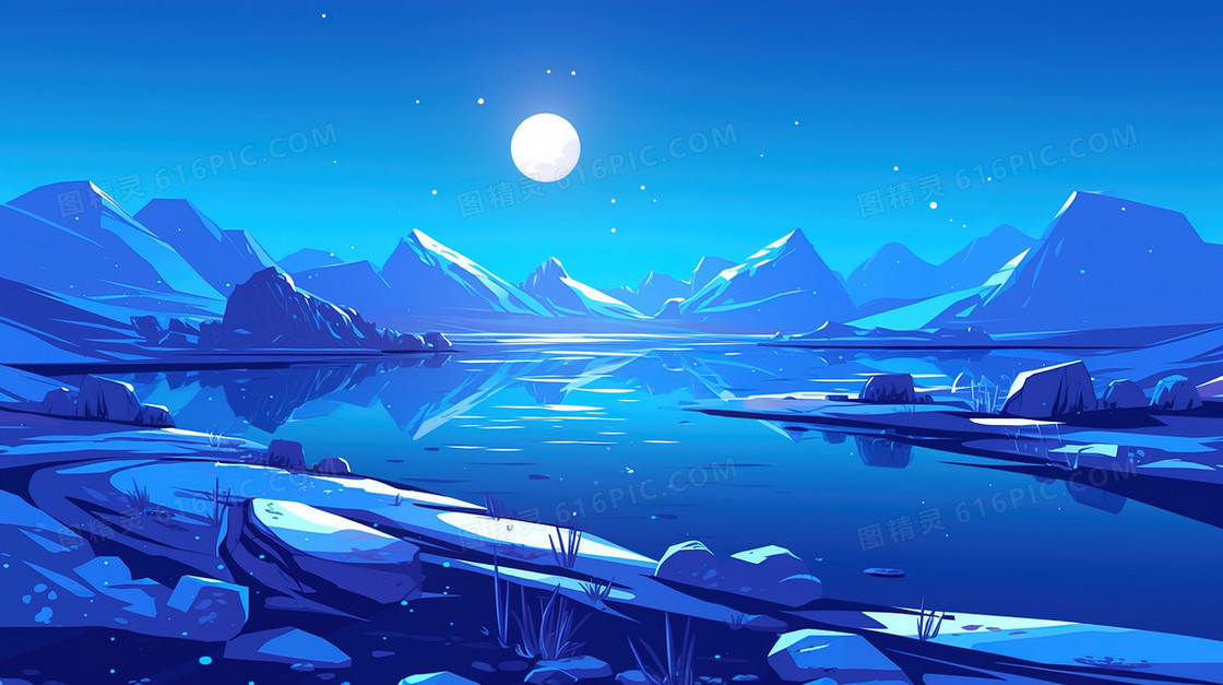 蓝色夜色田野风景手绘背景