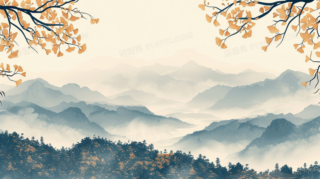 秋天中国风银杏叶文艺背景