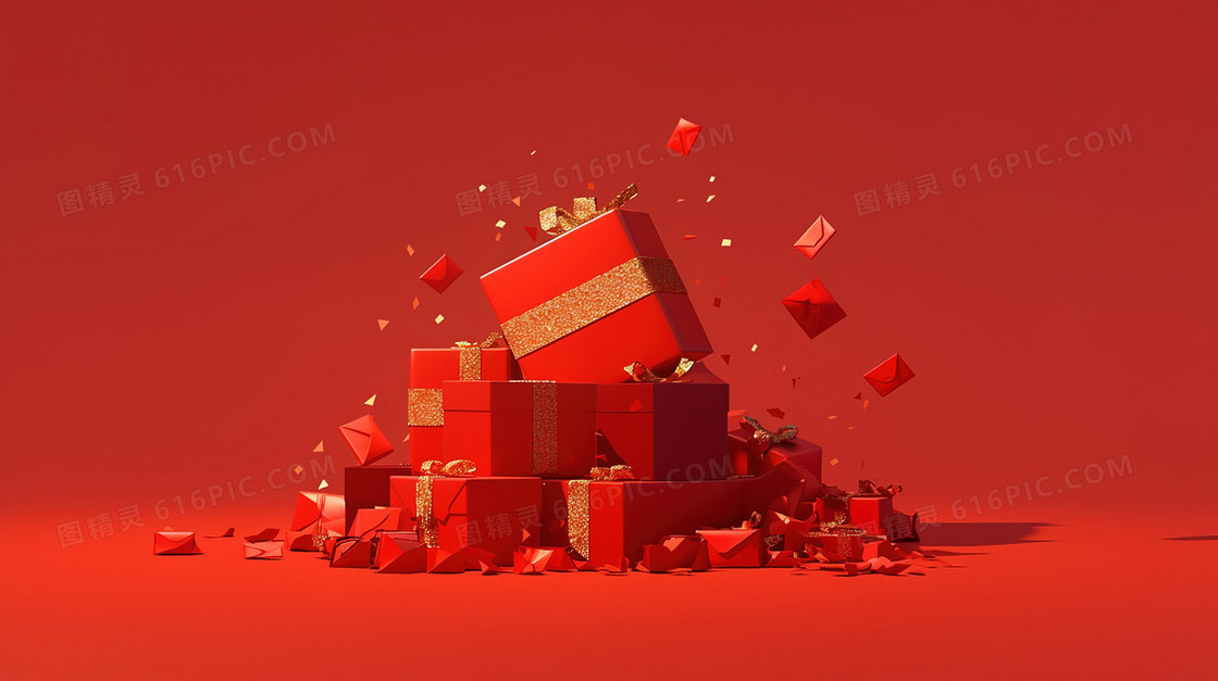 红色立体新年礼盒背景