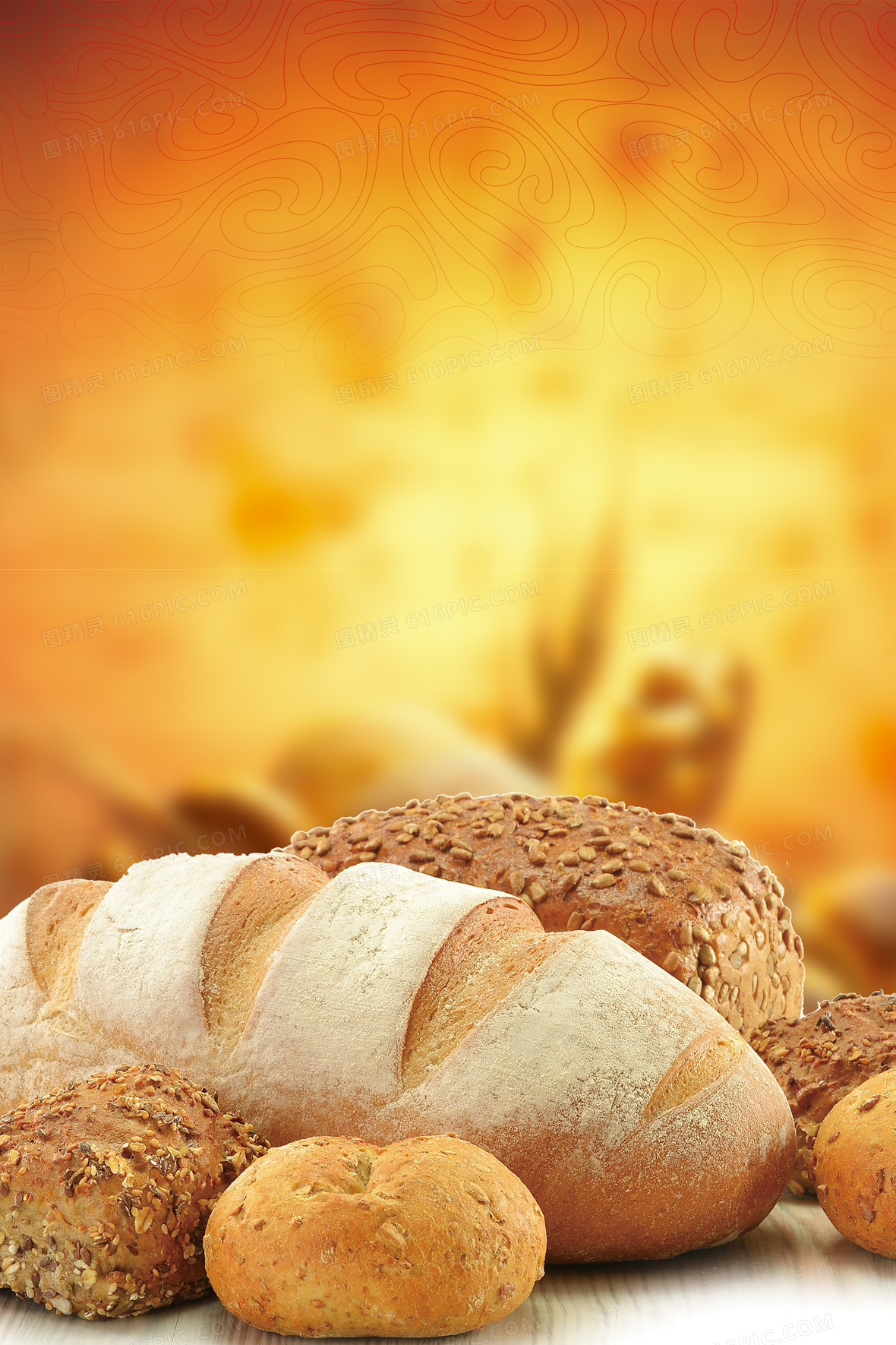 关键词:面包西点烘焙广告新鲜出炉海报模板底纹背景美食海报橙色图