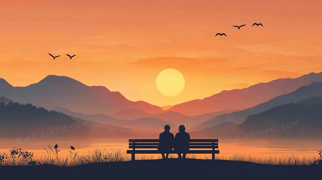坐在椅子上的爱人正看着夕阳落下