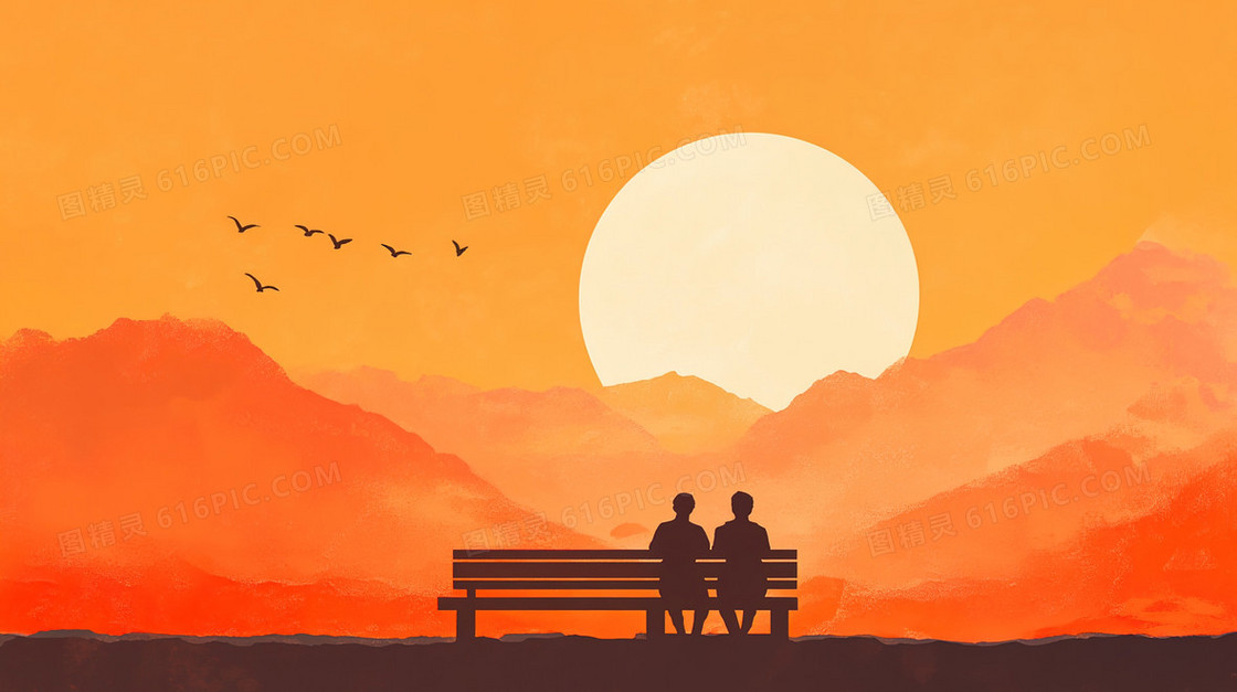 坐在椅子上的爱人正看着夕阳落下