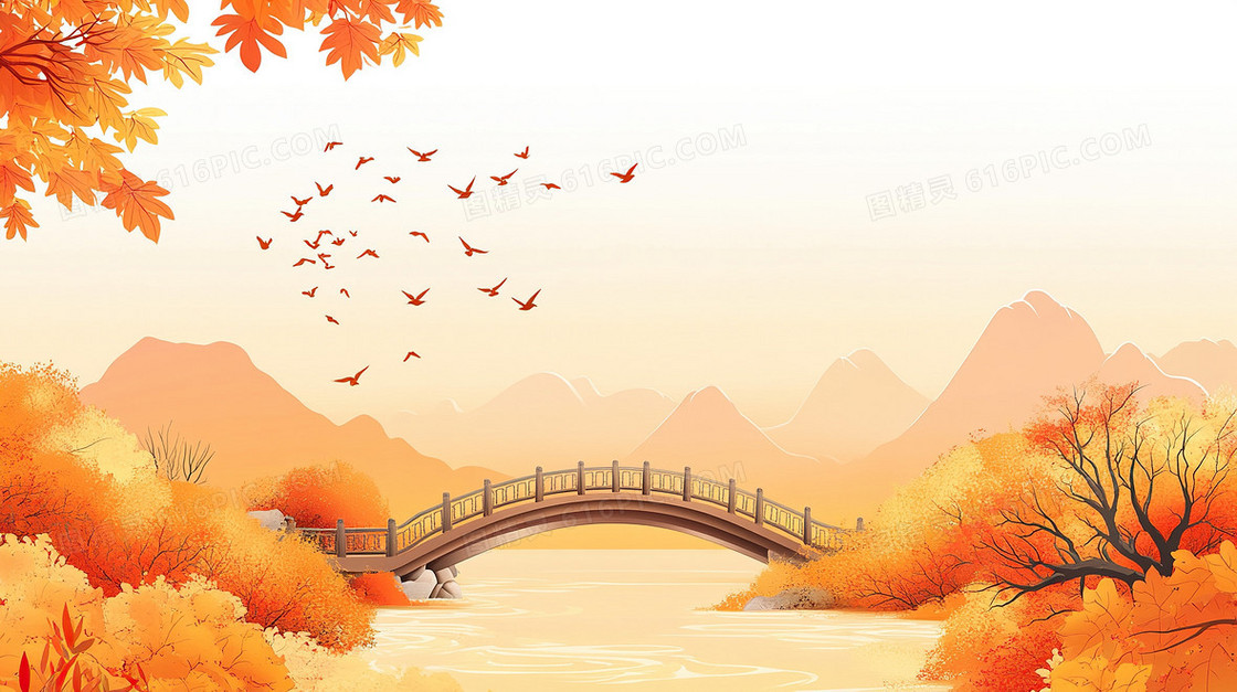 中国风桥秋天简约背景