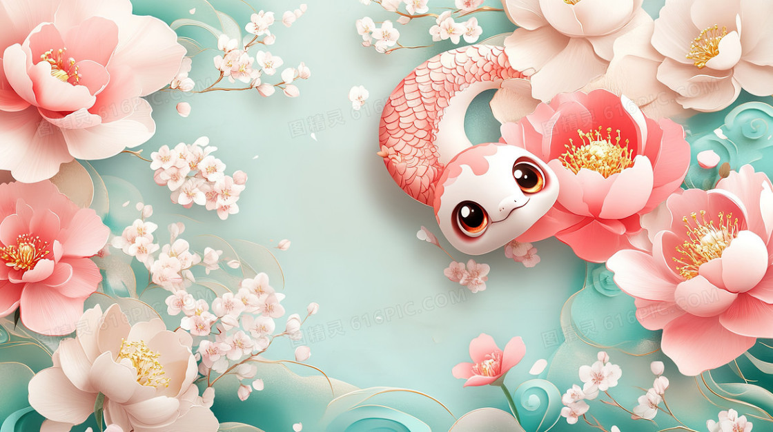 唯美中国风牡丹花蛇年背景图