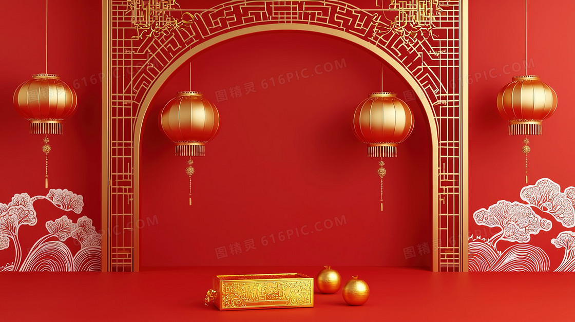 红色3D立体春节灯笼背景