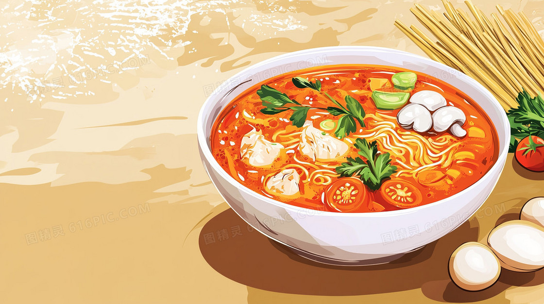 插画风番茄面食物背景