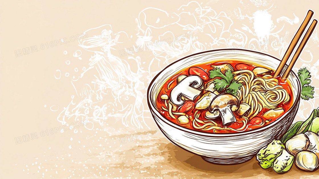 插画风香菇面美食背景