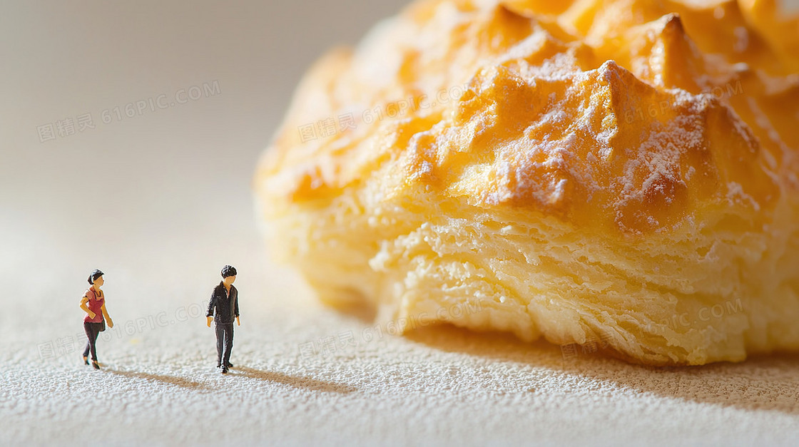 美食面包旁行走的微缩人物背景