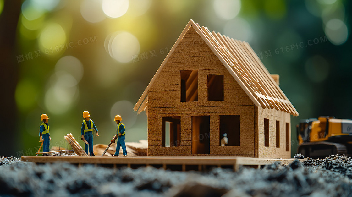 彩色简约微缩建筑工人建房背景