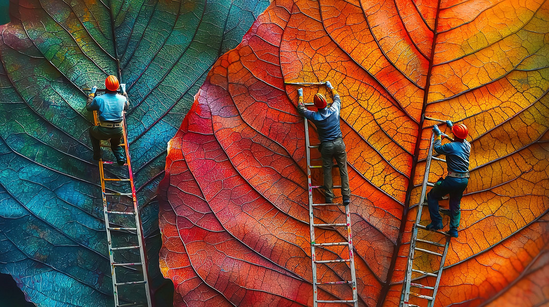 爬梯子树叶上劳动的微缩建筑工人背景