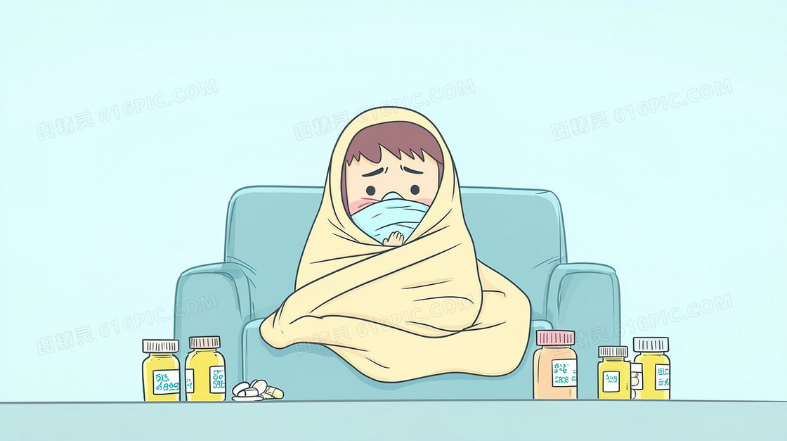 生病发冷难受裹被子的男孩背景