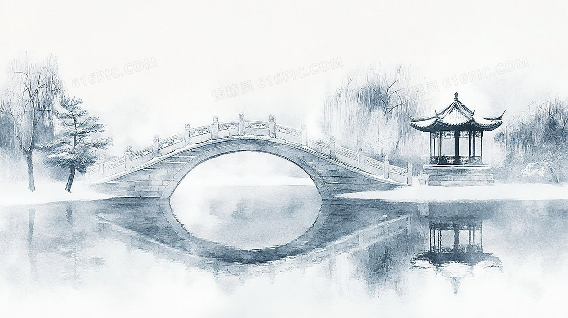 冬季下雪湖心亭桥背景