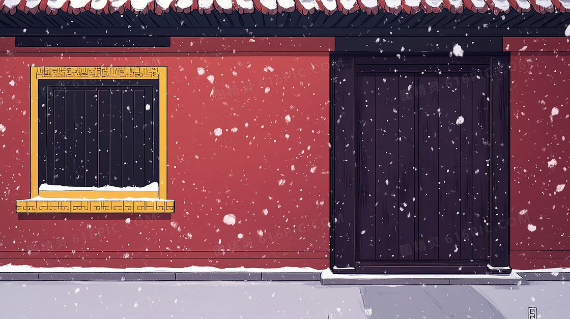 冬日雪天红墙卡通背景